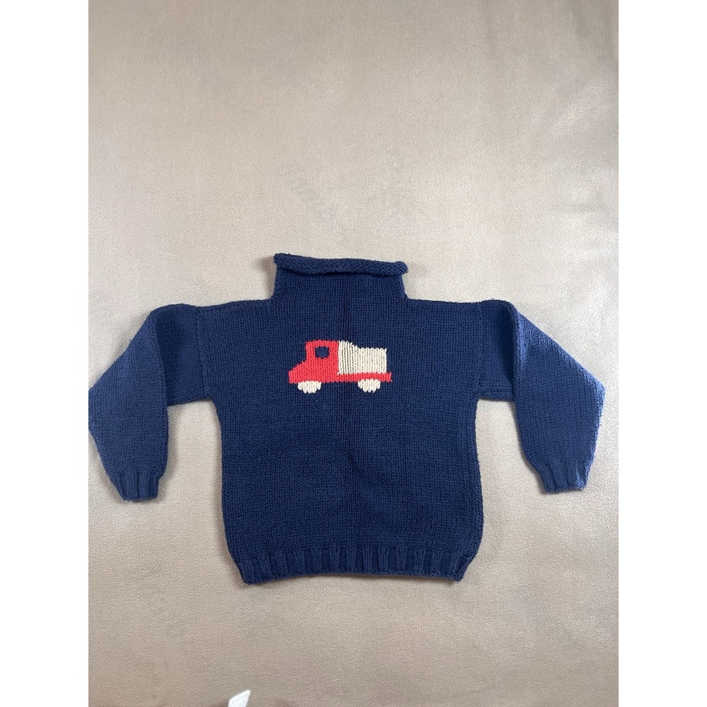 Hearthside Handworks Kids Sweater Truck Knit Cotton Navy Handmade Size 6